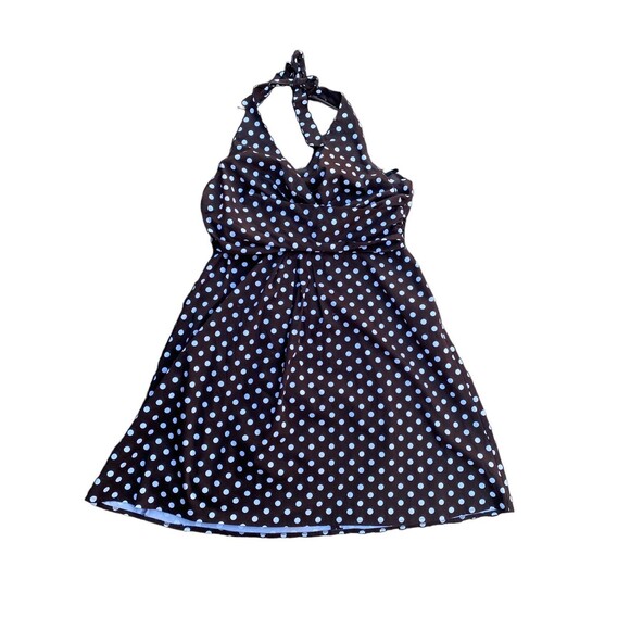 Vtg KSL Stretchy Dress Size 20 Brown White Polka Dot Pin Up Retro Halter Midi - Picture 5 of 12